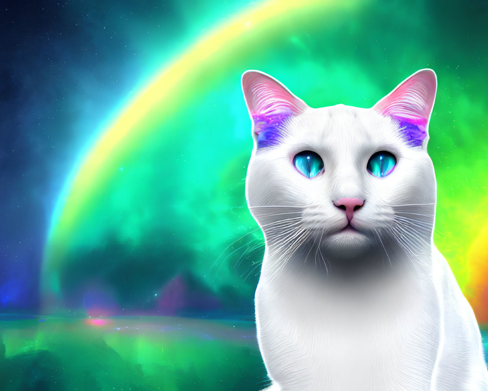 White Cat with Blue Eyes on Aurora Borealis Background