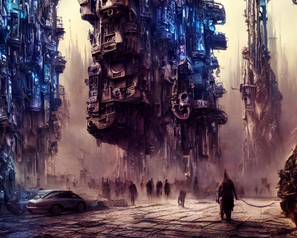 Dystopian cityscape with towering structures and silhouetted figures