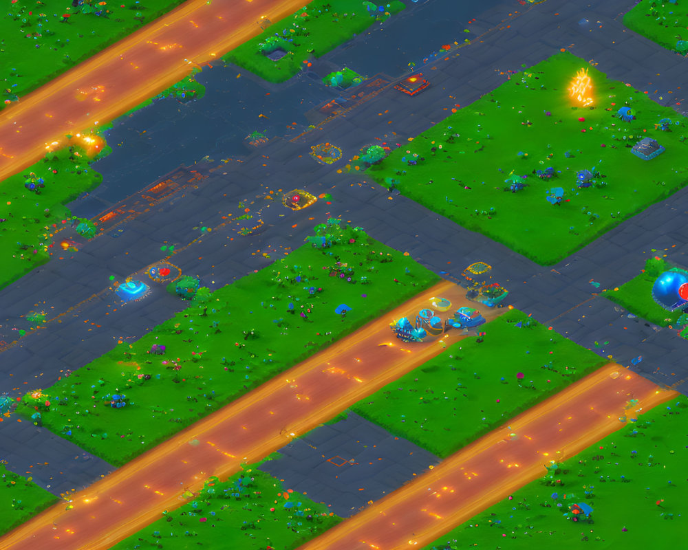 Colorful Isometric Virtual Cityscape with Roads, Vehicles, Explosions