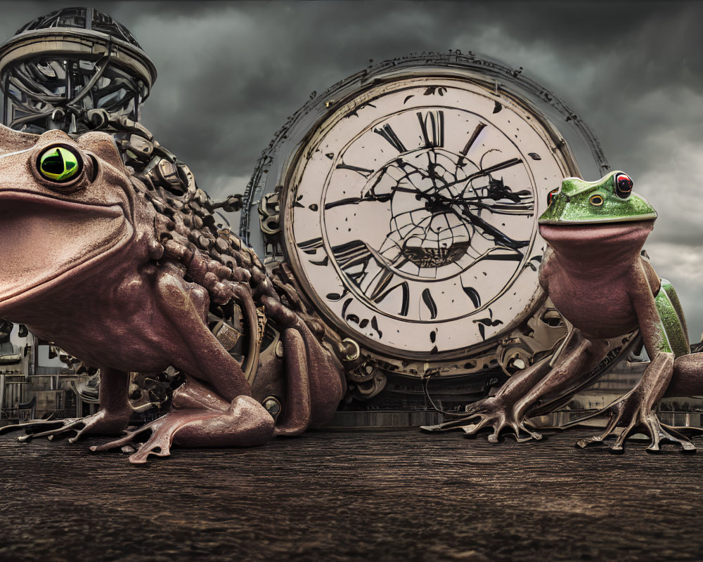 Hyper-realistic Frogs with Ornate Clock and Monocle Frog on Cloudy Sky Background