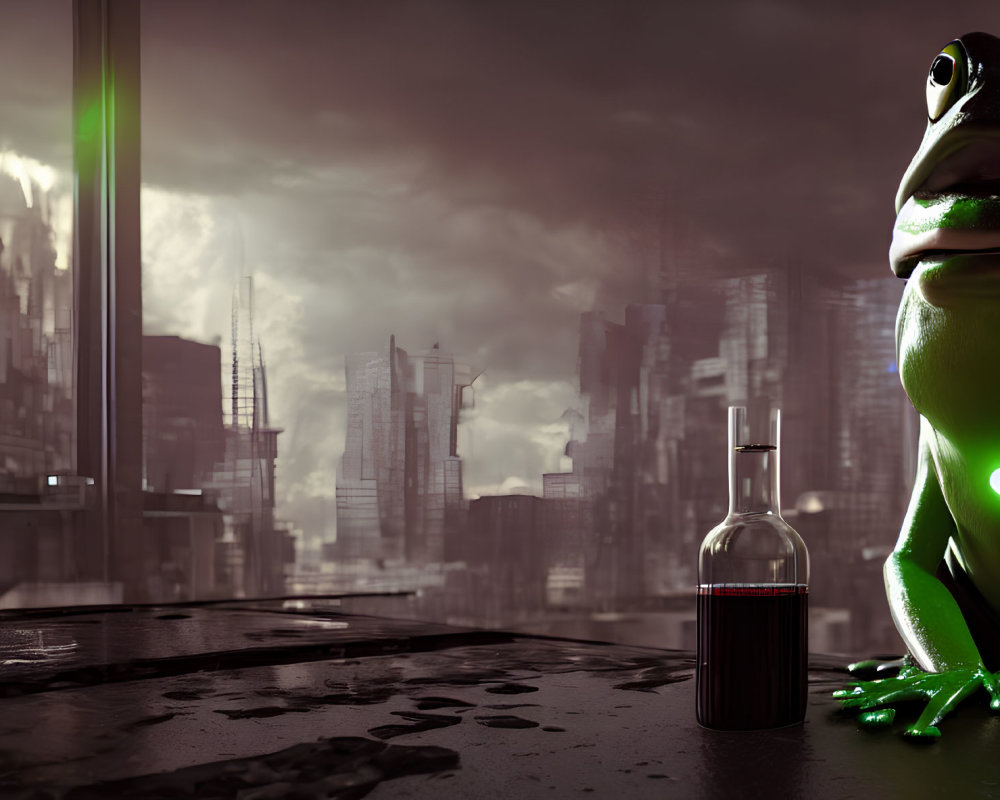 Giant glowing belly frog in dystopian cityscape with bottle on wet surface