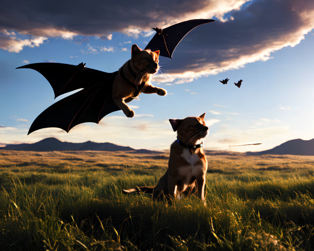 Cat with Bat Wings Flying Over Sitting Cat in Field at Sunset