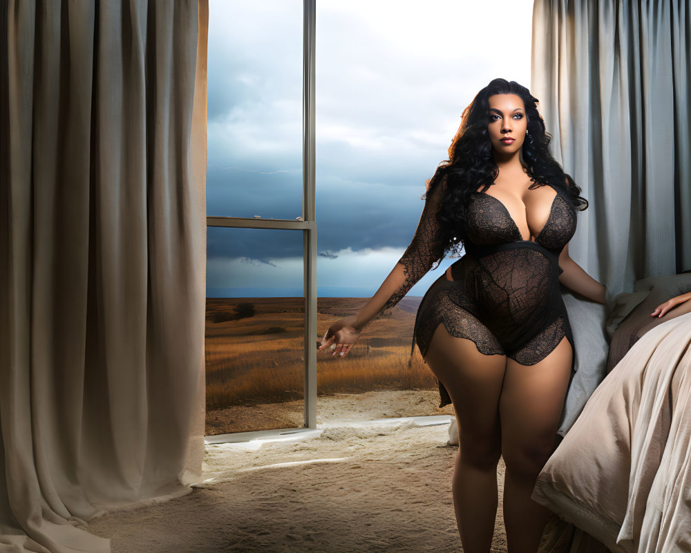 Confident woman in black lingerie gazes at stormy desert landscape