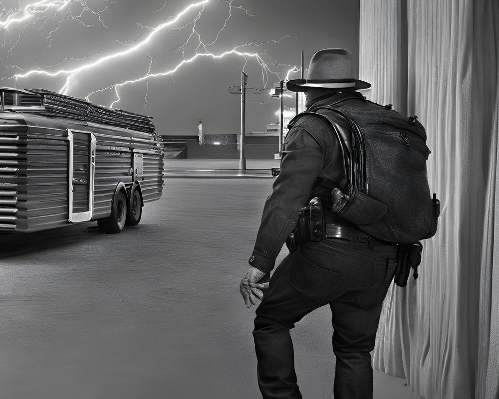 Person in cowboy hat near diner watching lightning strike at night