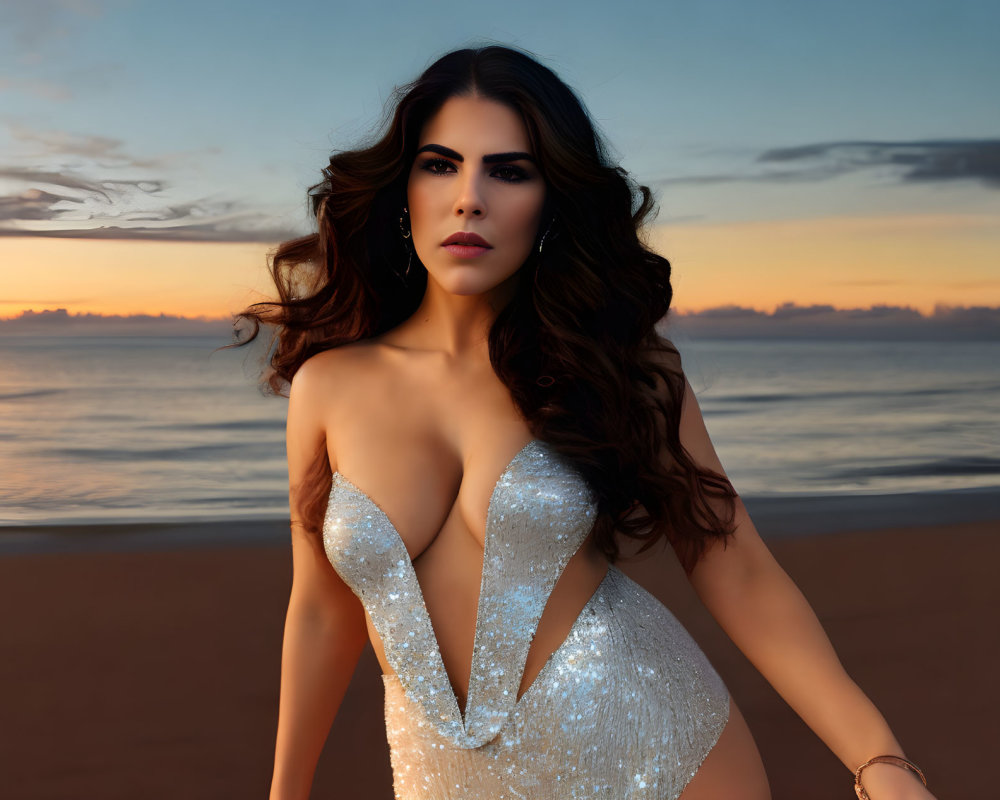 Dark-haired woman in white dress on beach at sunset with scattered clouds