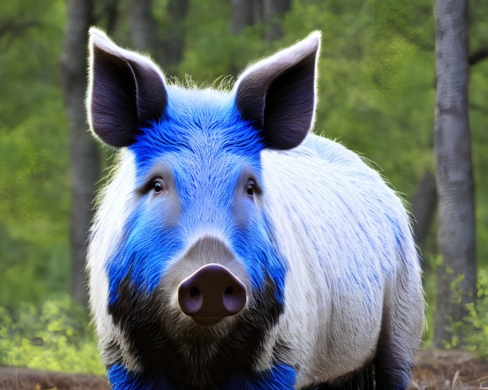 Digitally altered image: Blue and white fur pig in forest.