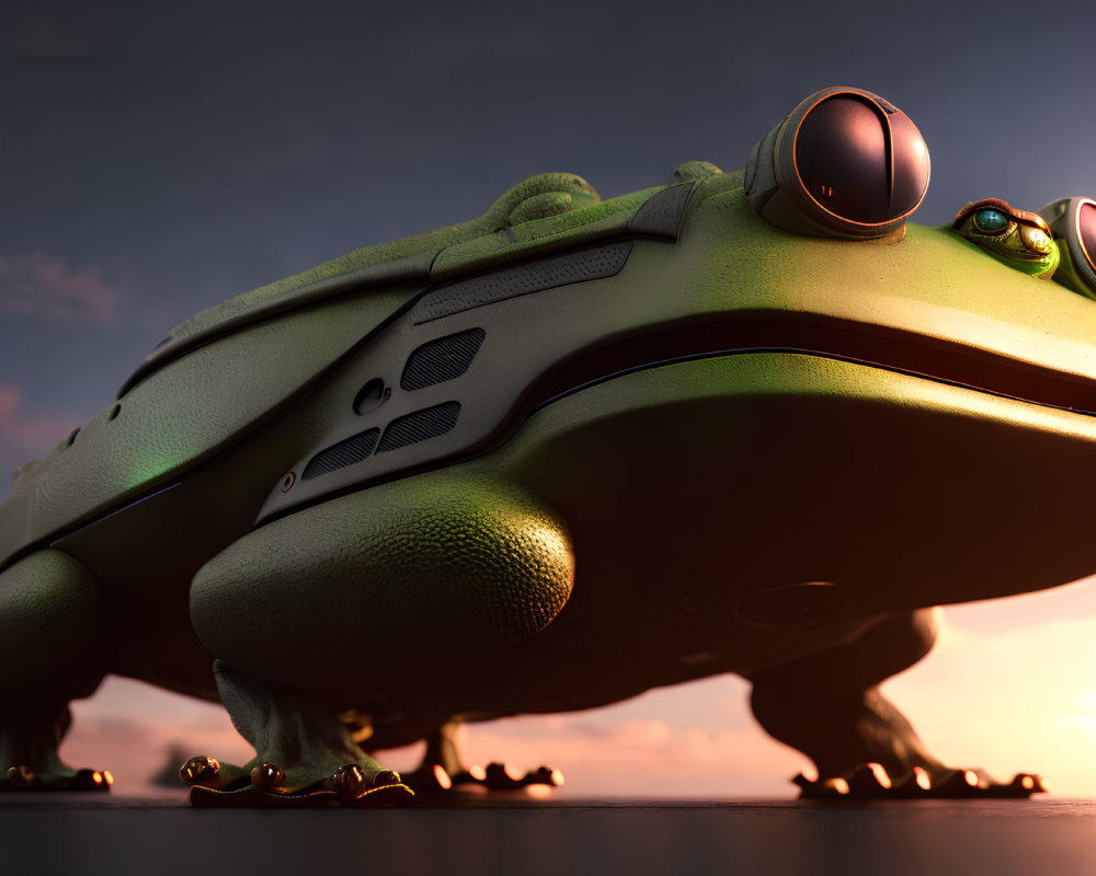 Detailed Stylized Robotic Frog Close-Up at Sunset