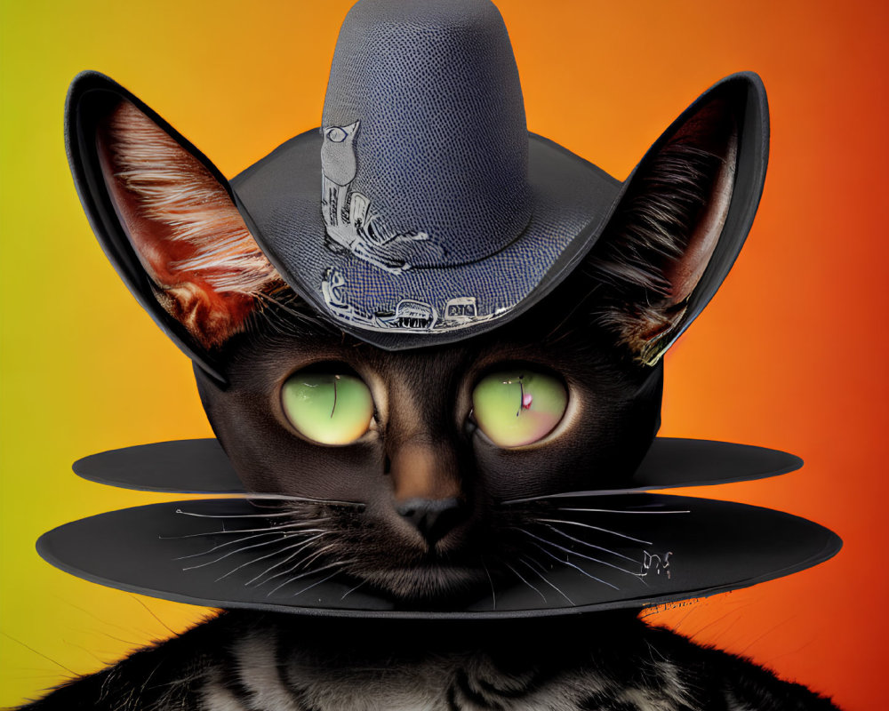 Black Cat with Green Eyes in Cowboy Hat and Vinyl Record Collar on Orange Yellow Gradient Background