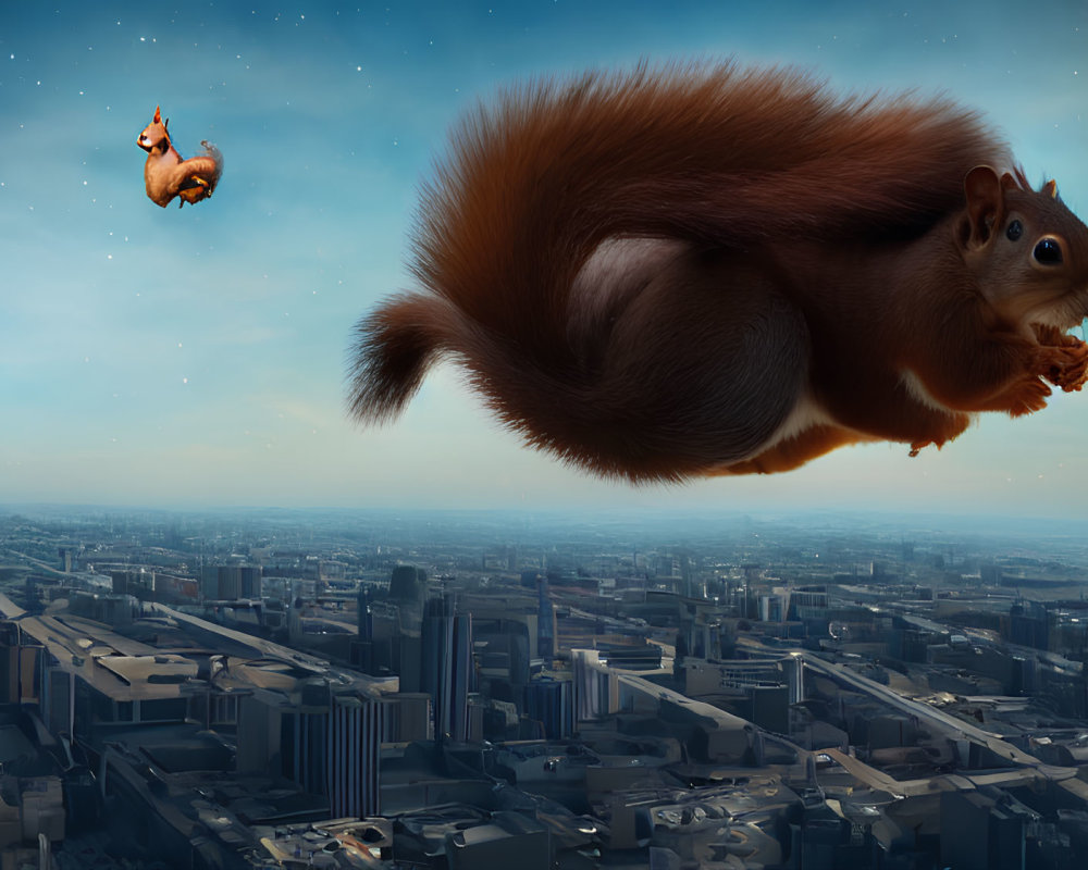 Giant flying squirrel over cityscape with smaller squirrel in dusky blue sky