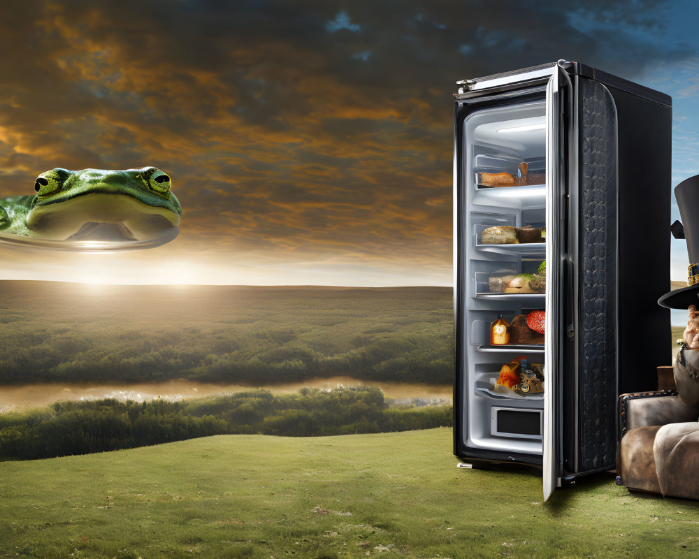 Surreal landscape featuring giant frog, outdoor fridge, and person reading in boot