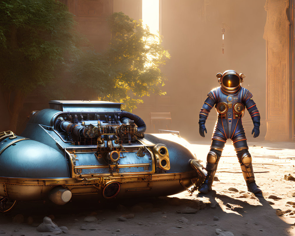 Astronaut with futuristic vehicle in dusty environment