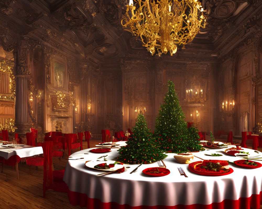 Luxurious Christmas dining hall with grand chandelier and festive decor