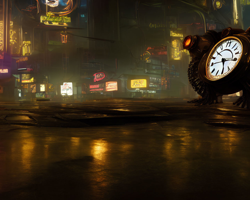 Large clock with multiple legs in neon-lit cyberpunk cityscape at night