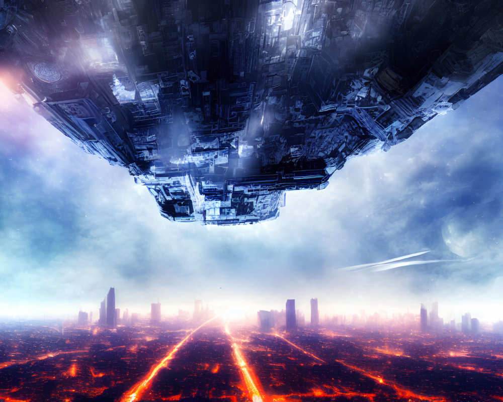 Gigantic spaceship over dystopian city with fiery streaks and blue sky