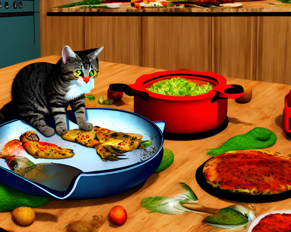 Cat in frying pan with pizza and vegetables in colorful kitchen