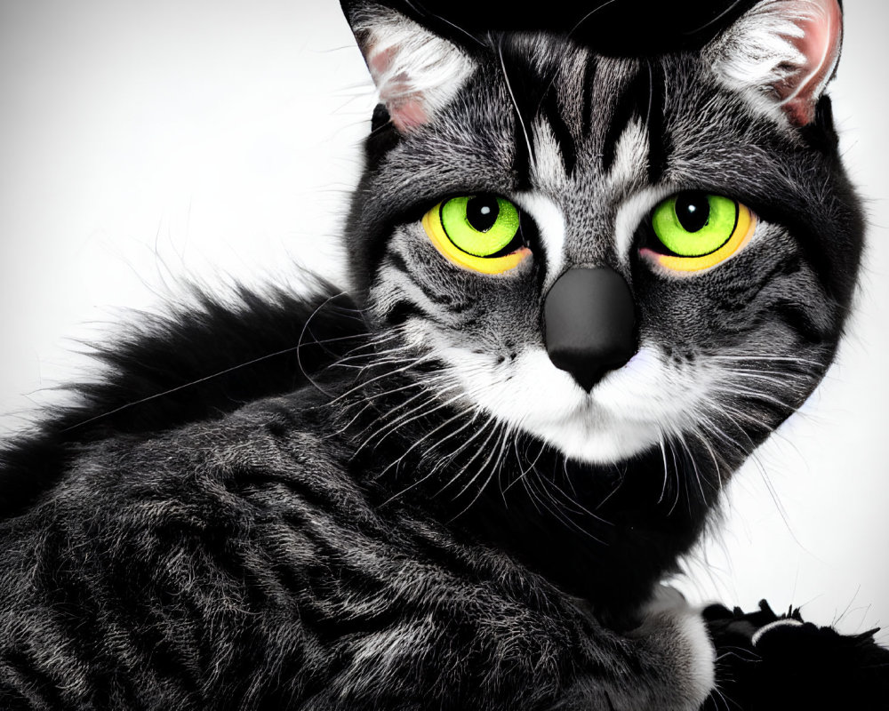 Whimsical cat digital artwork with human eyes and black hat, vibrant green eyes, fur detail,