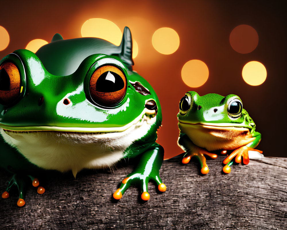 Colorful Cartoon-Style Frogs on Branch with Bokeh Background