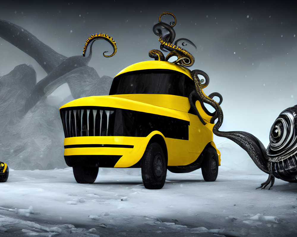 Yellow-and-black tentacled vehicle in surreal snowy landscape.