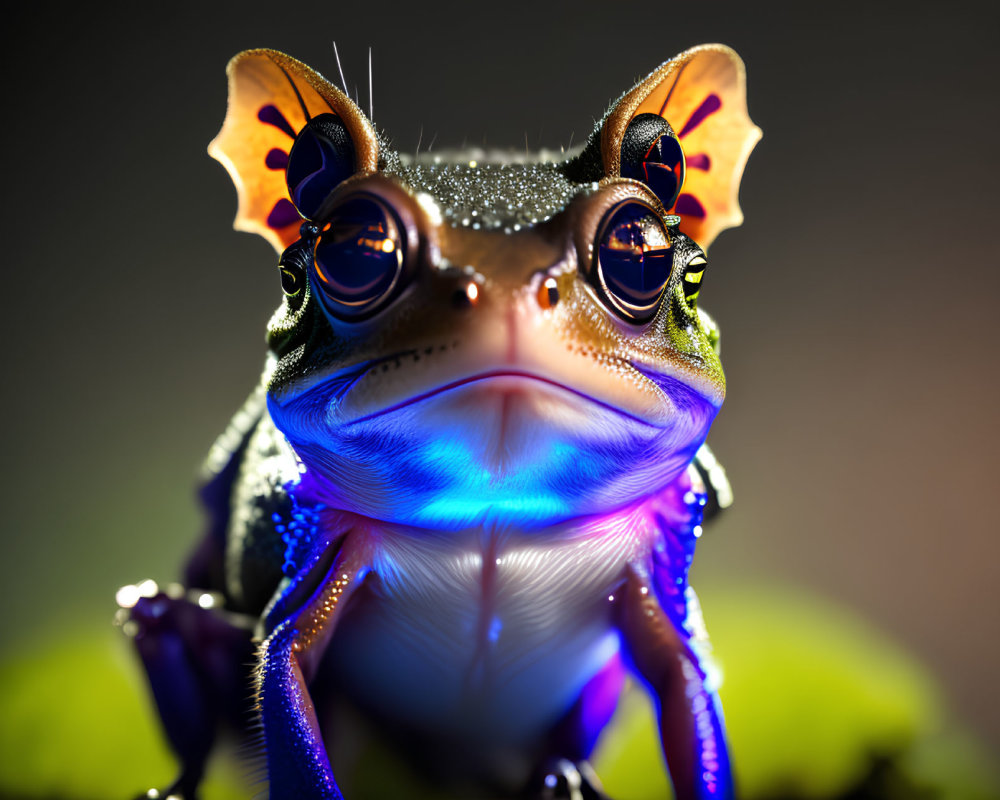 Colorful iridescent frog with orange webbed feet and dew-like skin texture