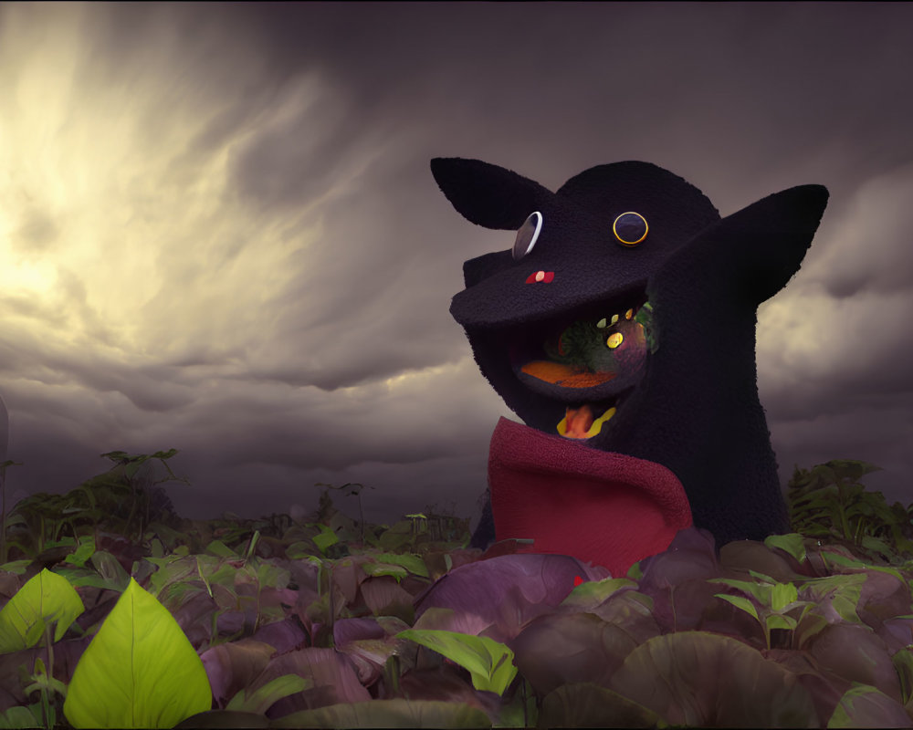 Black Cartoon Creature in Moody Garden with Stormy Sky