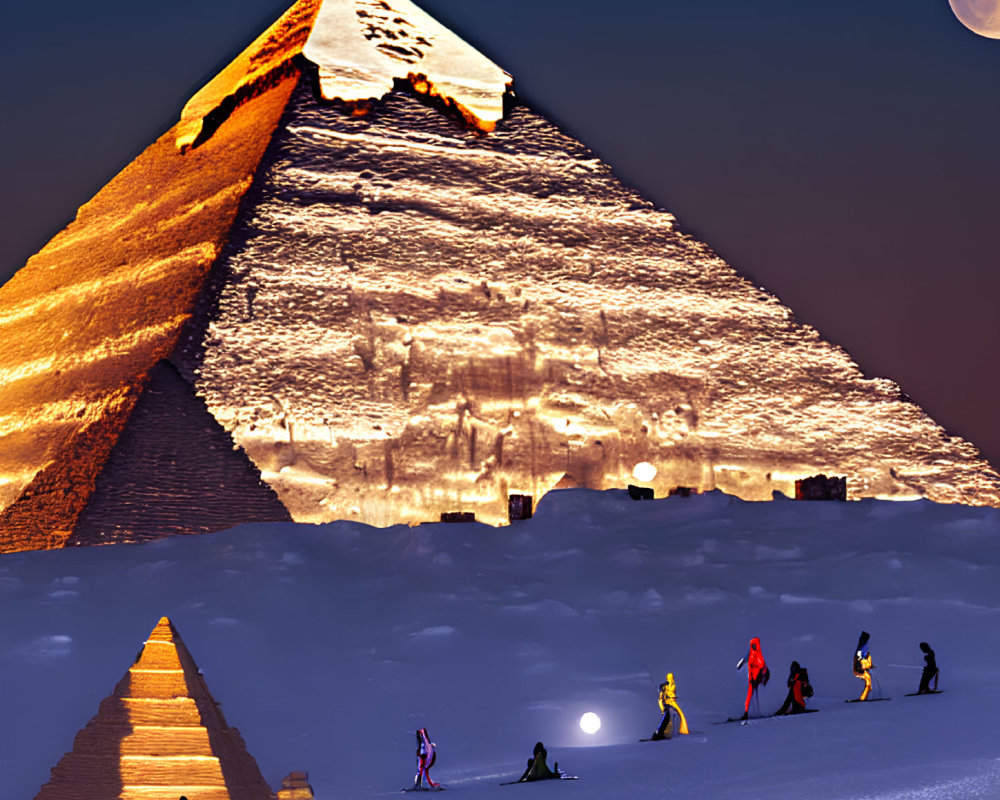 Composite image of Great Pyramid of Giza in snowy landscape with night trekkers