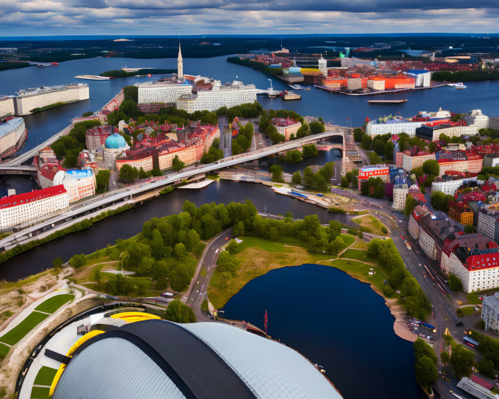 Cityscape with rivers, bridges, buildings, green spaces, and ships in port