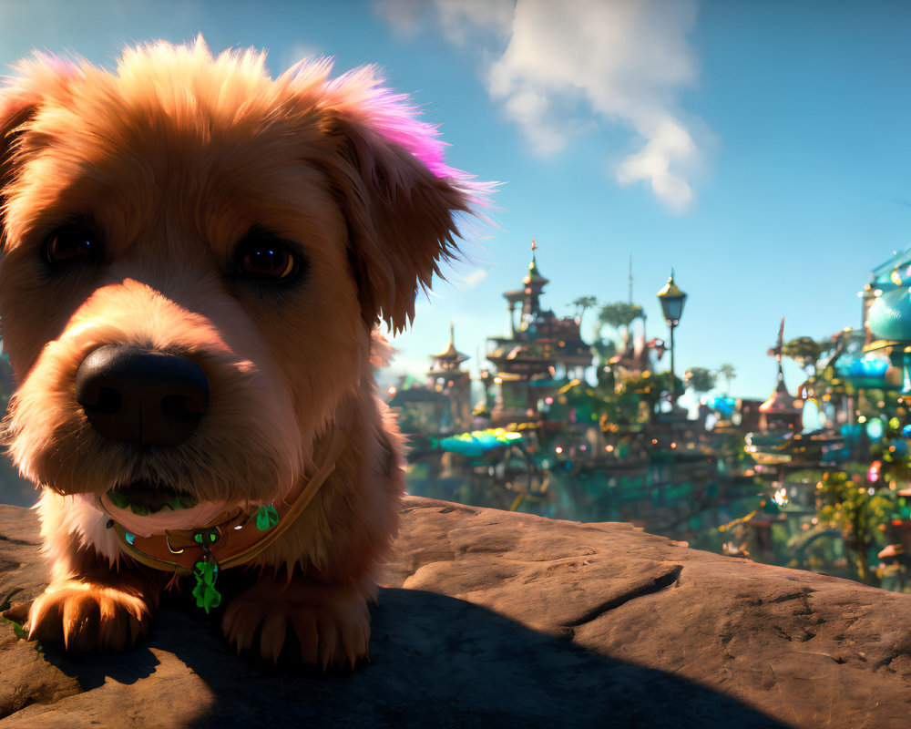 Brown dog with collar on ledge in whimsical cityscape.