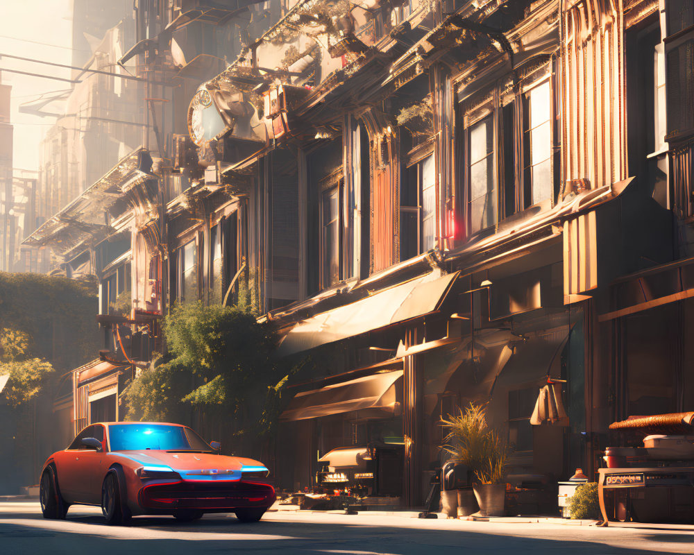 Red sports car parked on sunlit city street with historic buildings and coffee shop