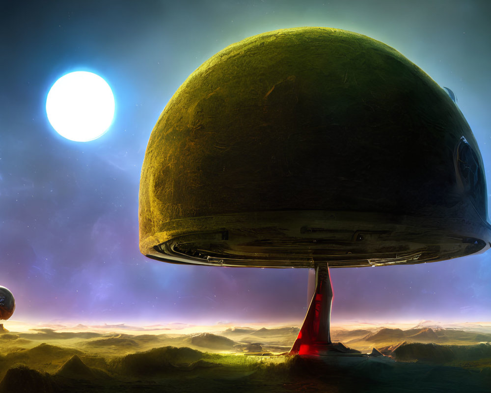 Futuristic Alien Landscape with Dome Structures and Starry Sky