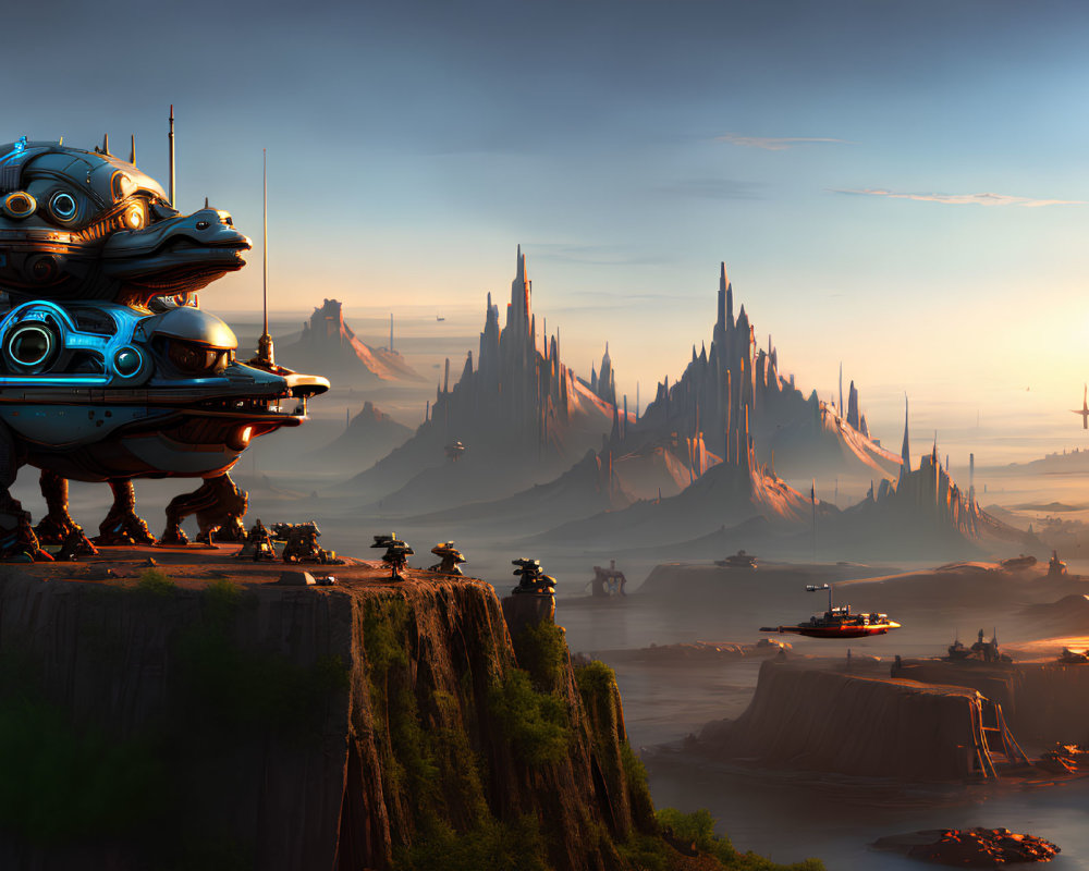 Futuristic cityscape at dawn with sleek spires and flying vehicles