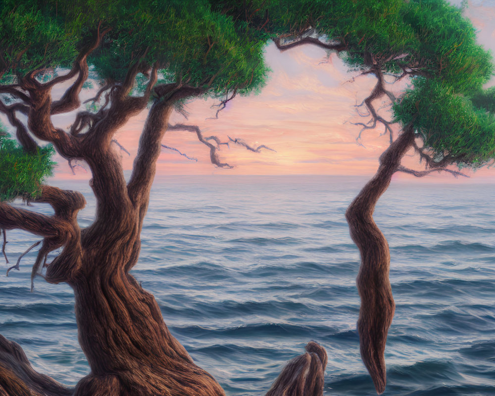 Twisted trees with dense green canopies and sunset sea view