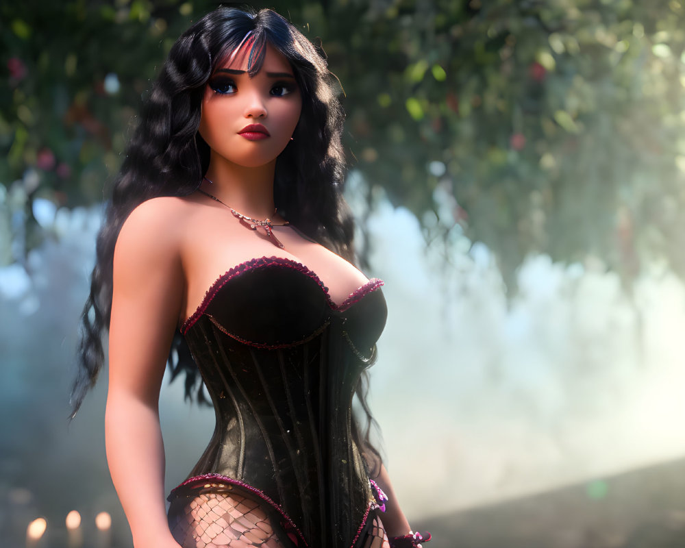 Dark-haired female character in black corset amidst misty forest.