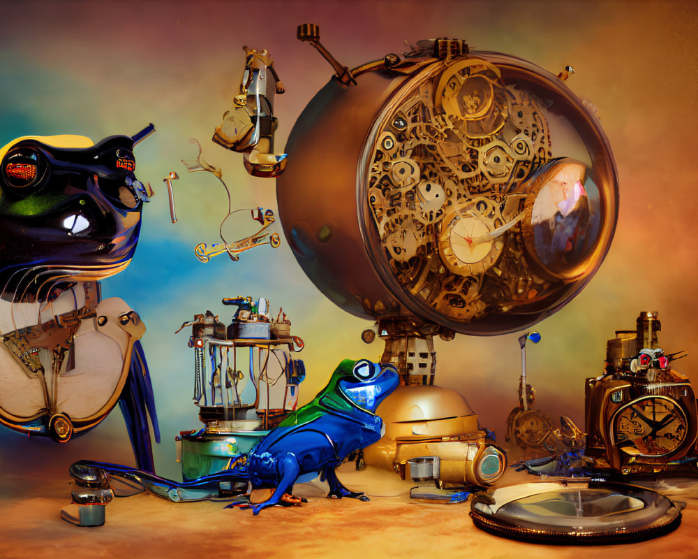 Surreal digital artwork: anthropomorphic frogs with steampunk gadgets