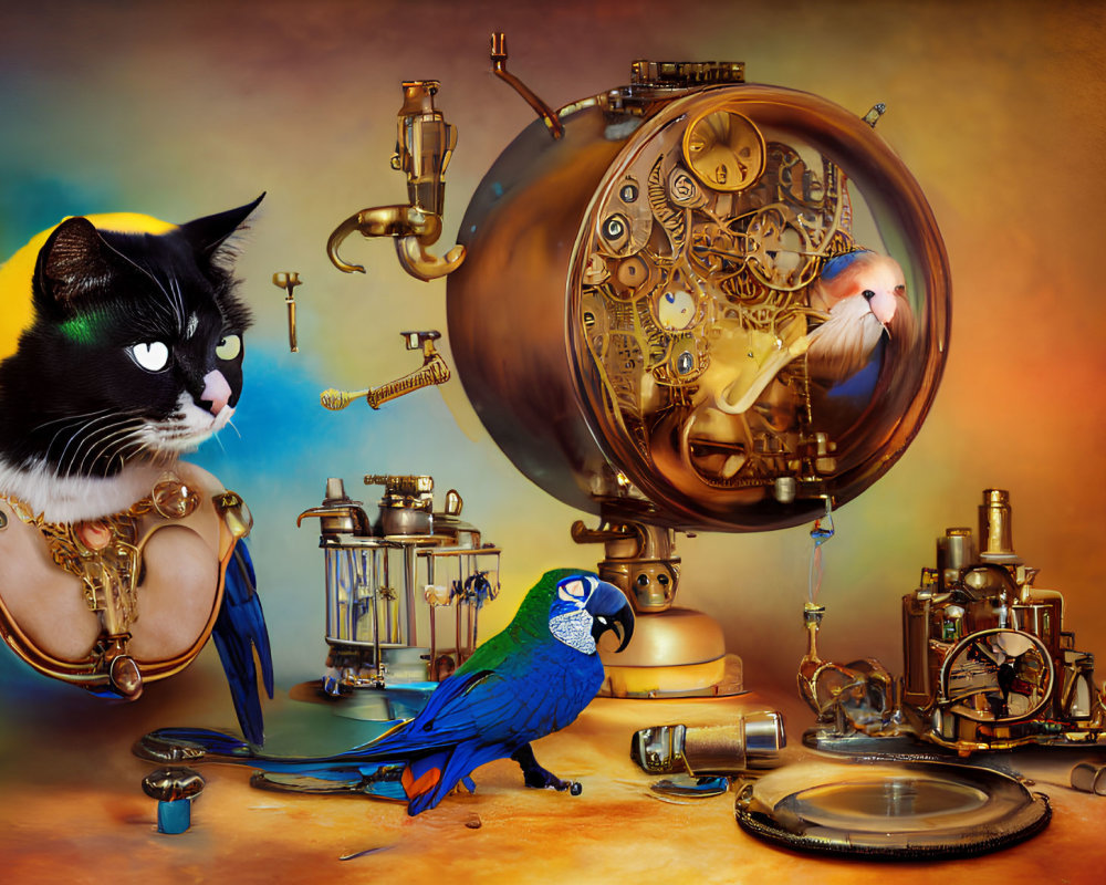 Whimsical artwork of tuxedo cat and parrot with steampunk apparatus