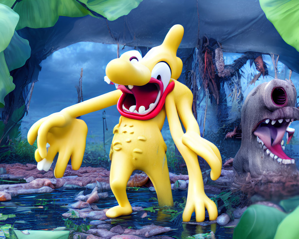 Colorful animated yellow dog-like character in swamp with surprise expression next to dark creature.