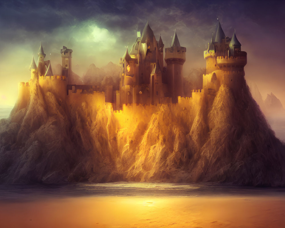 Fantasy castle on cliff at sunset with golden glow and ocean waves