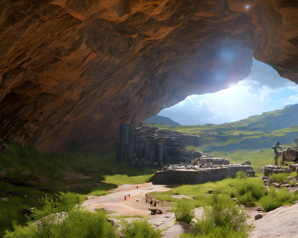 Advanced settlement in cavernous landscape with greenery and explorers