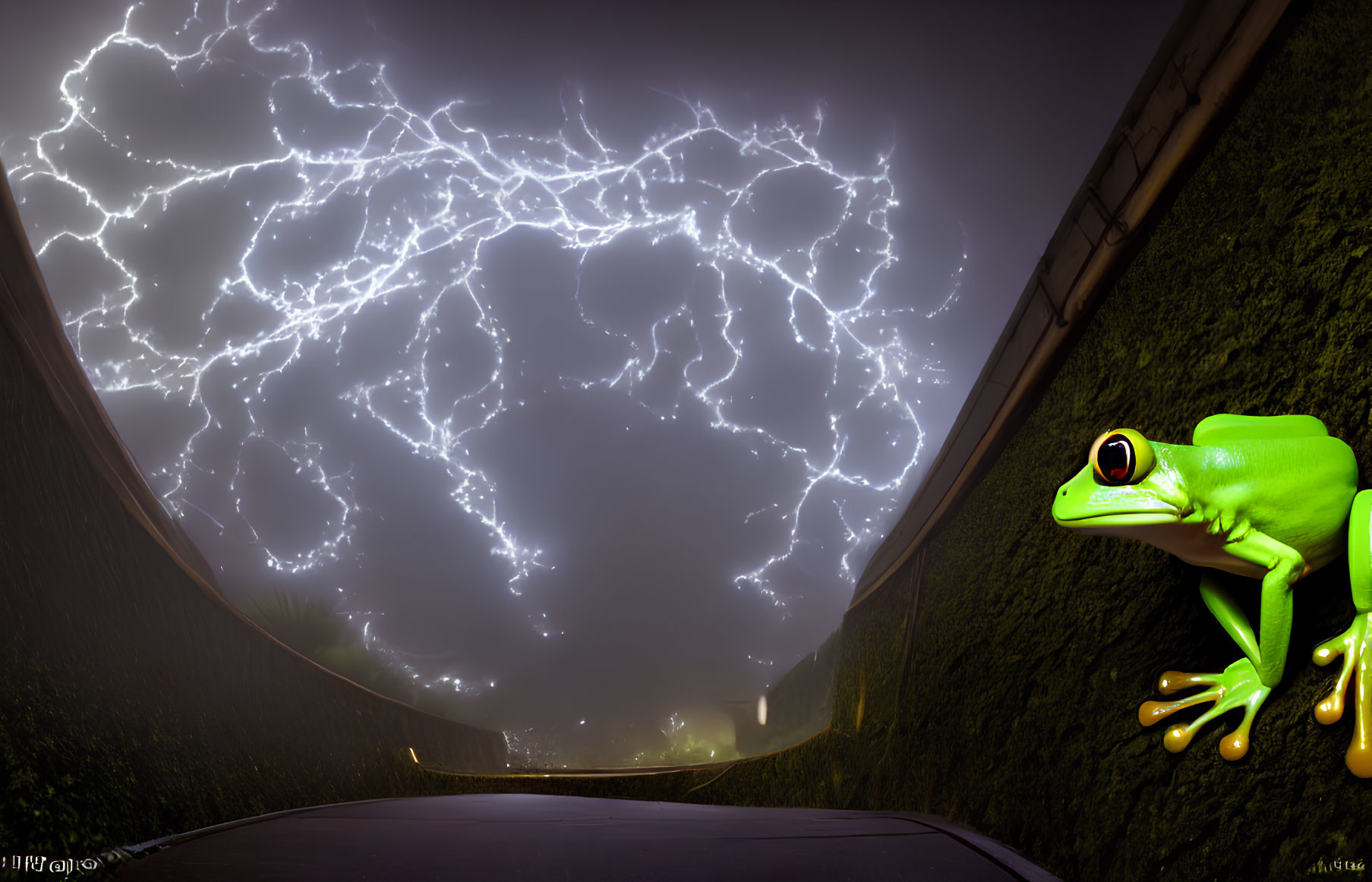 Colorful frog on dark road under lightning-filled sky