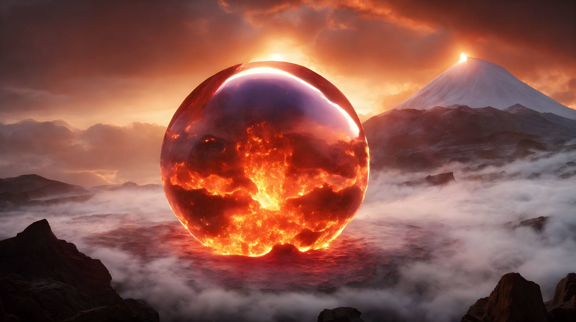 Majestic volcanic landscape with glowing orb and misty mountain