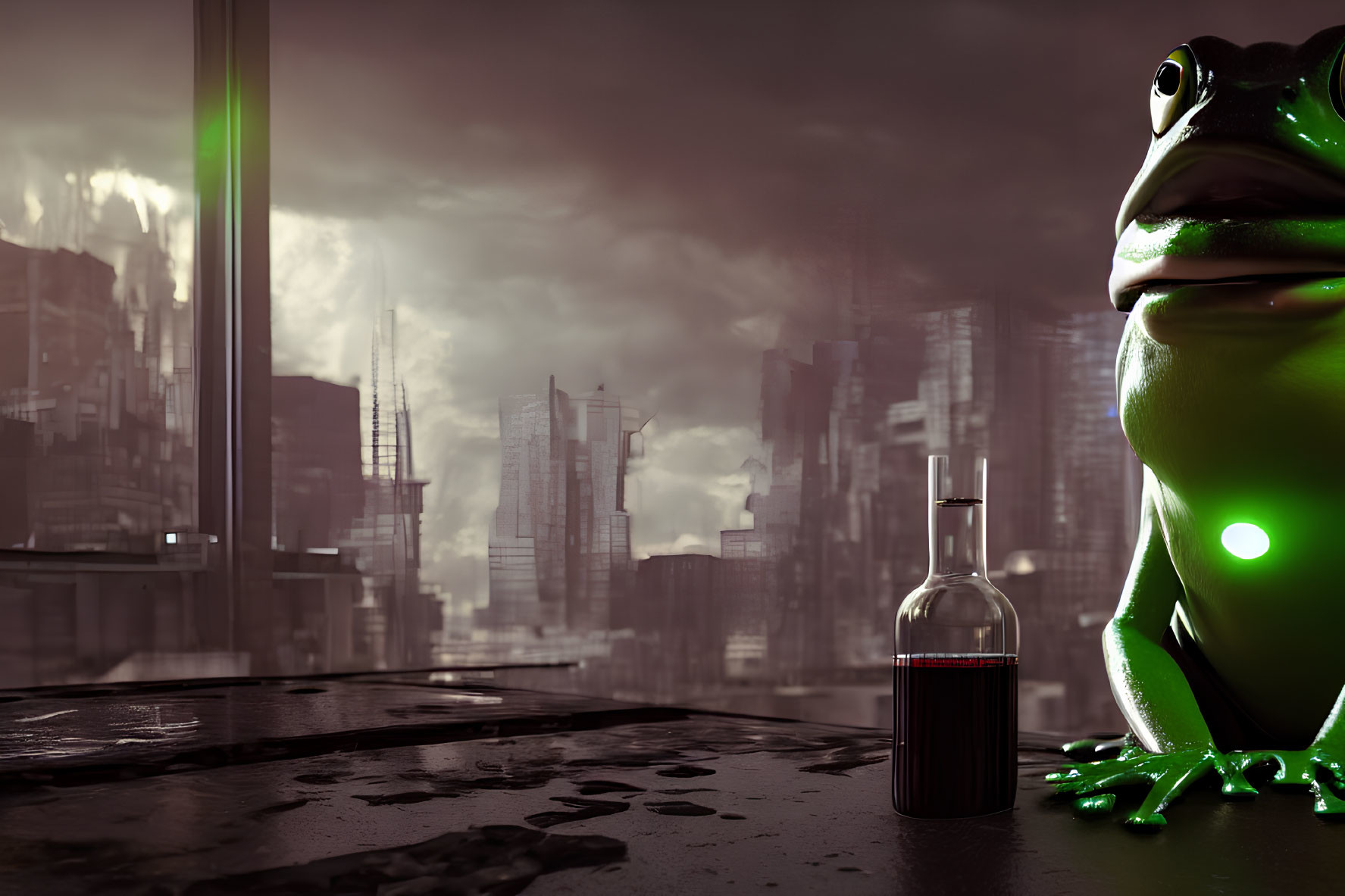 Giant glowing belly frog in dystopian cityscape with bottle on wet surface