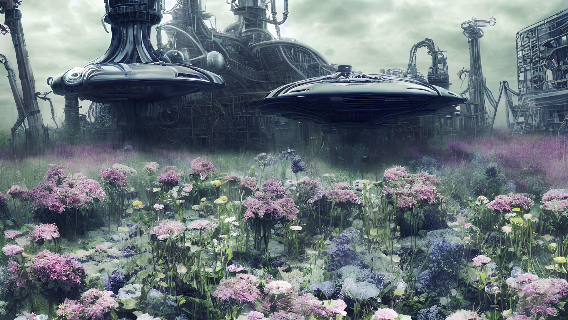 Colorful Wildflowers Against Futuristic Machinery and Ships Under Gloomy Sky