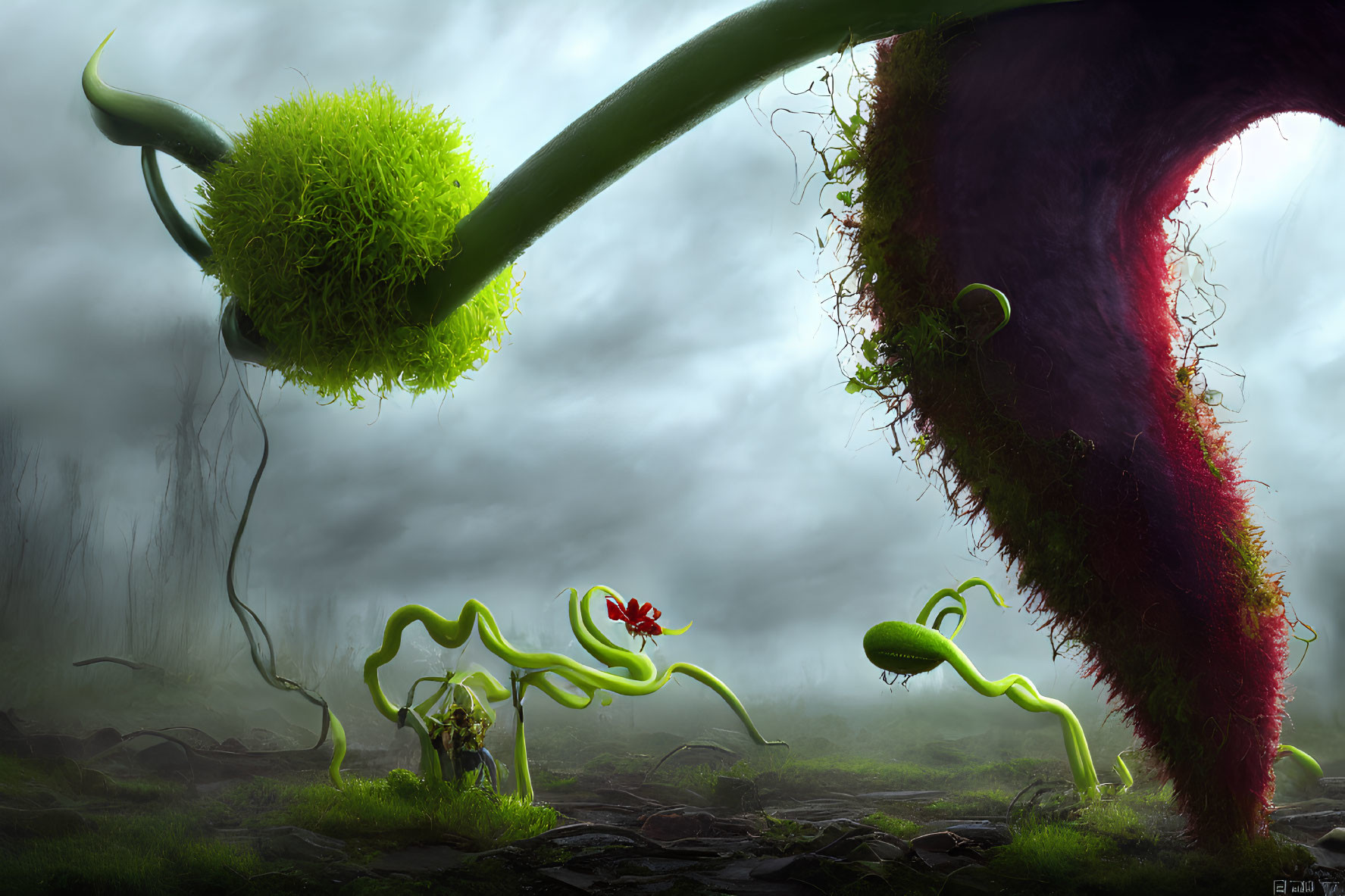 Fantastical landscape with oversized alien plant life and fuzzy pod