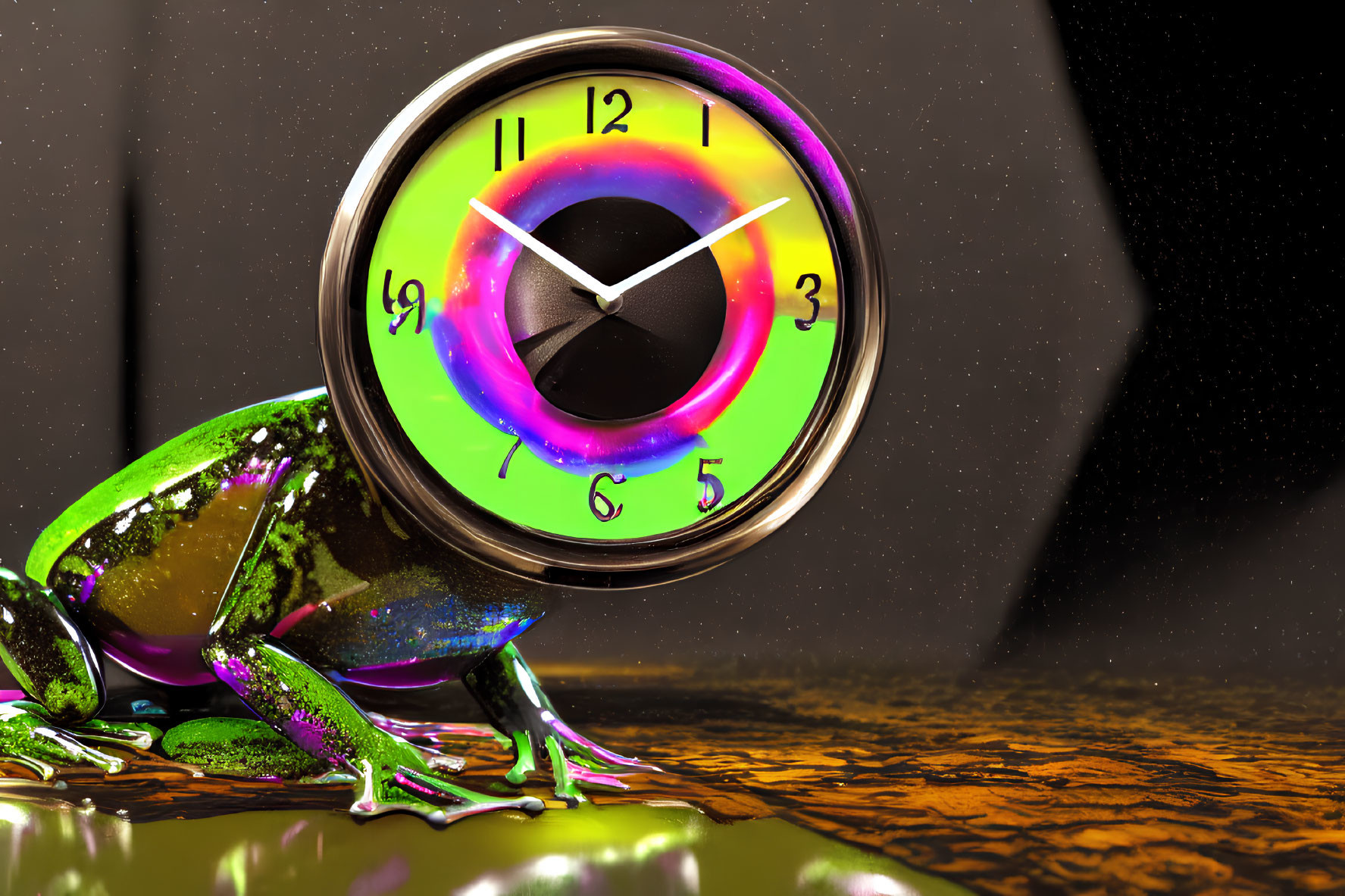 Colorful Frog Next to Rainbow Clock on Chrome Surface