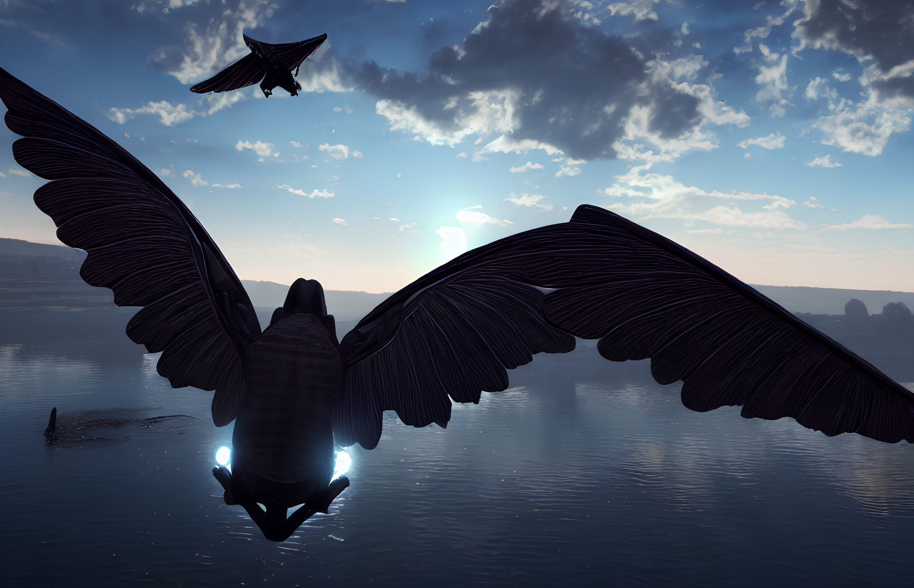 Large bird-like creatures flying over tranquil sea at dusk, one with detailed wings.