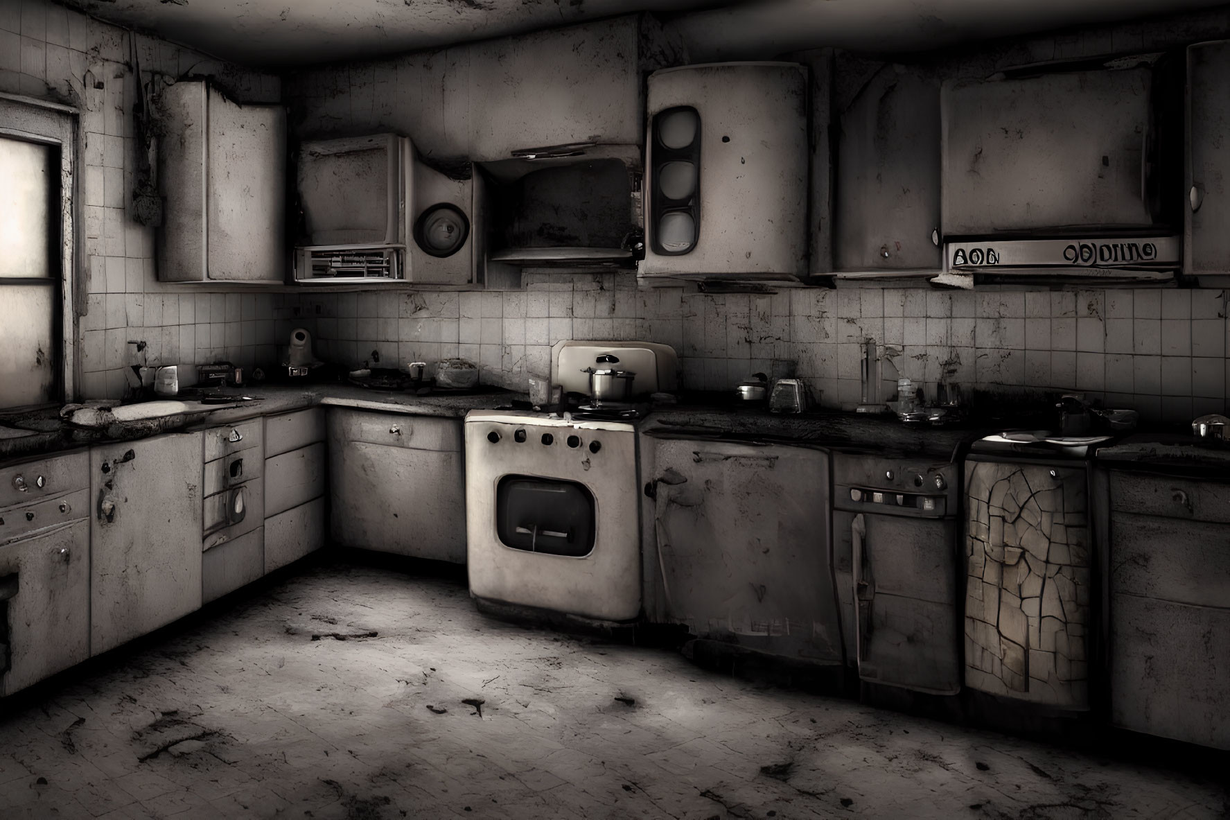 Monochrome image of dilapidated kitchen with dirty appliances