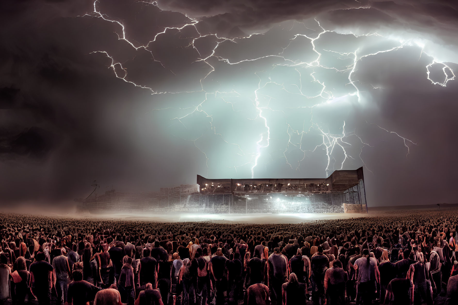 Nighttime outdoor concert with intense lightning bolts illuminating the sky