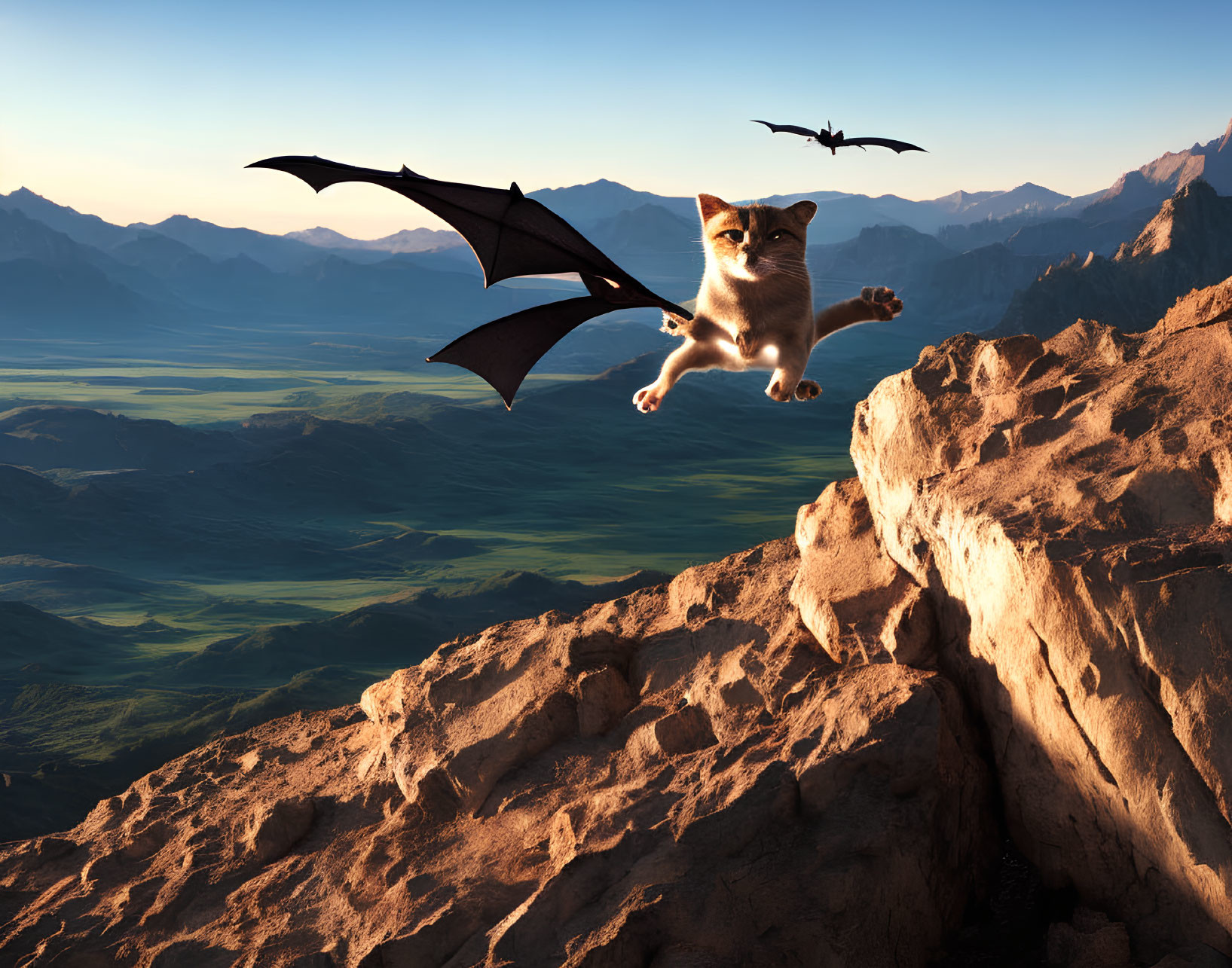 Cat with Bat Wings Gliding over Mountain Landscape at Sunset