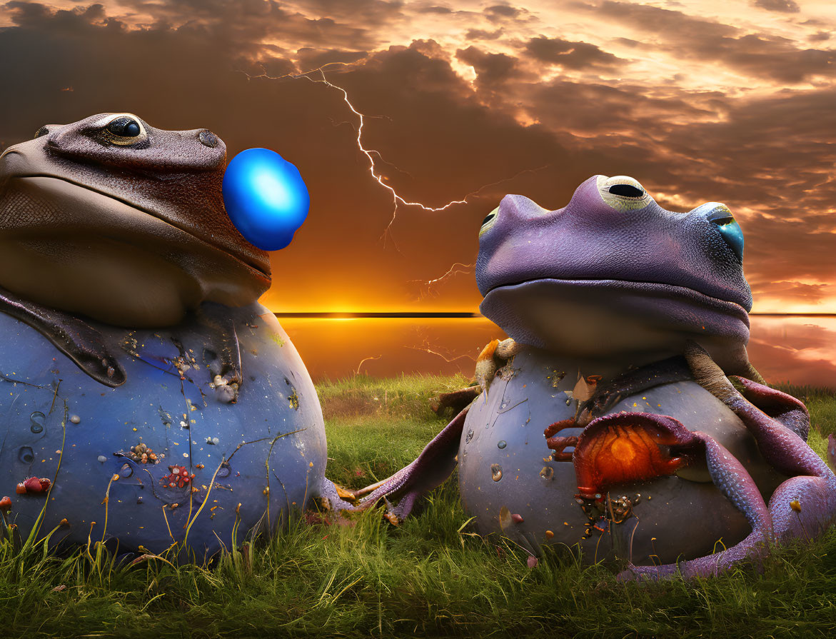 Colorful anthropomorphized frogs with blue orb under dramatic sunset sky