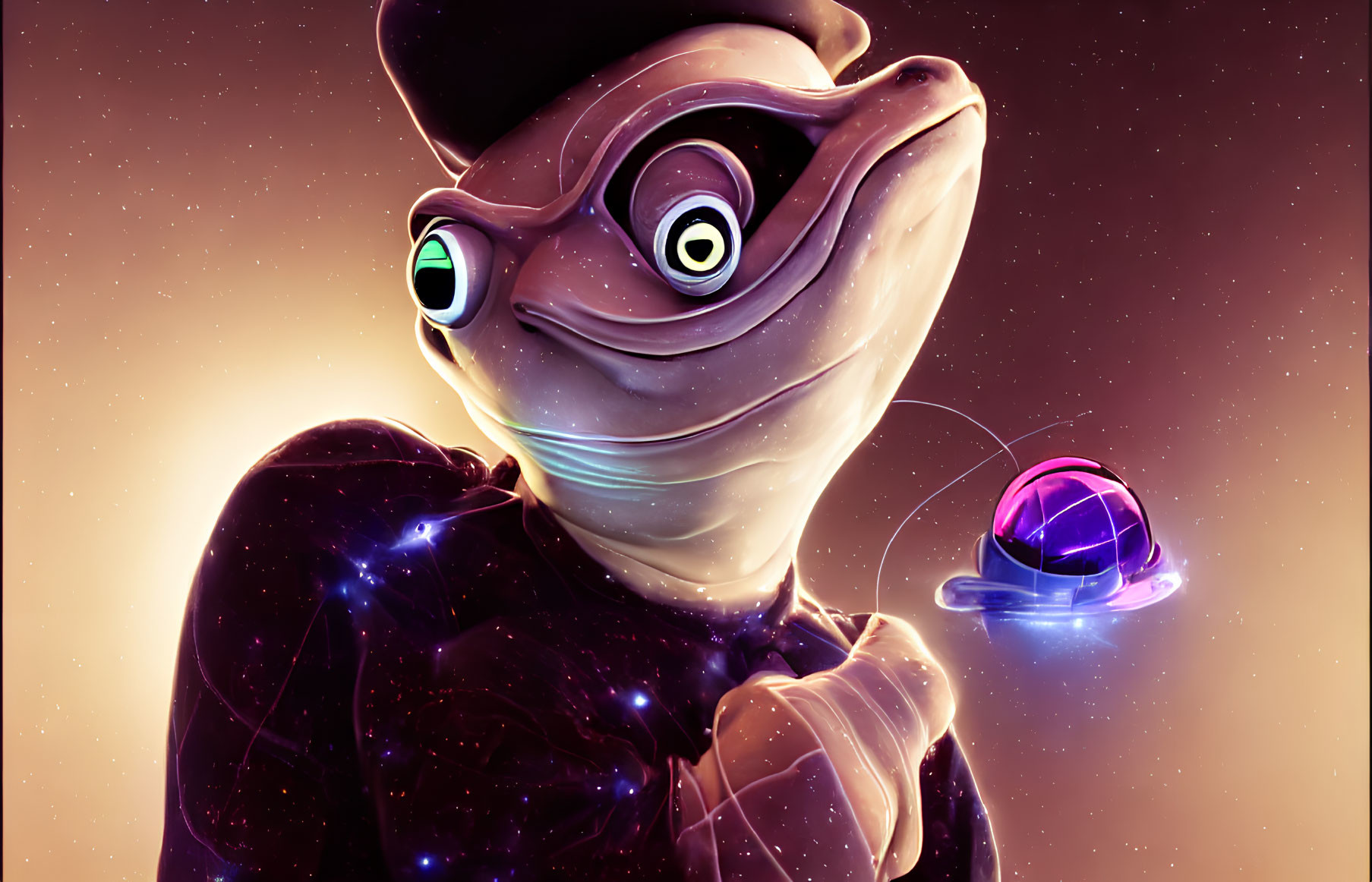 Anthropomorphic frog illustration in space-themed outfit with glowing purple spaceship