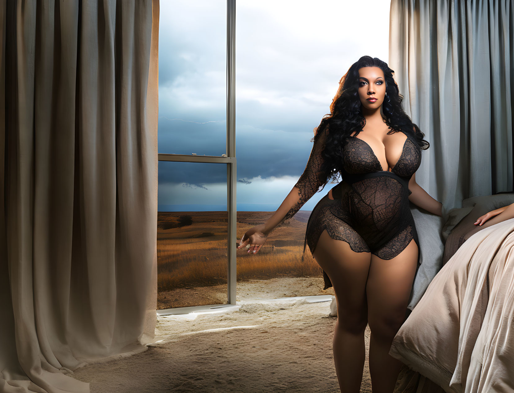 Confident woman in black lingerie gazes at stormy desert landscape